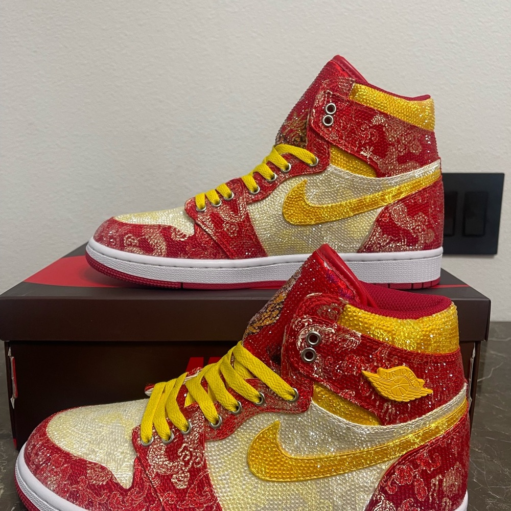 Custom Red, Yellow Rhinestone Crystal Nike Air Jordan Sneakers,Size Euro 41,